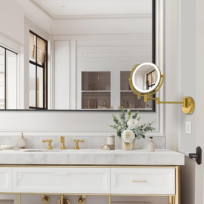 8" Make up Mirror Wall Mounted Lighted 10X Magnifying Hard Wired, Double Sides 3 Color Lighting Touch Dimming, 360 Swivel Extended Arm Shaving Light up Mirror for Bathroom, Brushed Moderne Brass