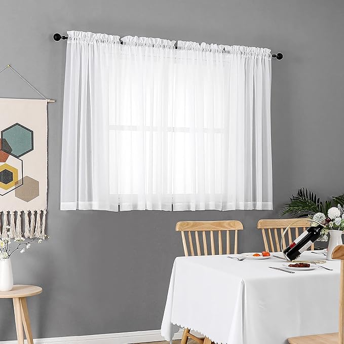Chyhomenyc White Sheer Curtains 45 Inch Long 2 Panels, Short Voile Drapes for Dinning Small Windows Bathroom Living Room Bedroom, Rod Pocket, 42Wx45L Inches