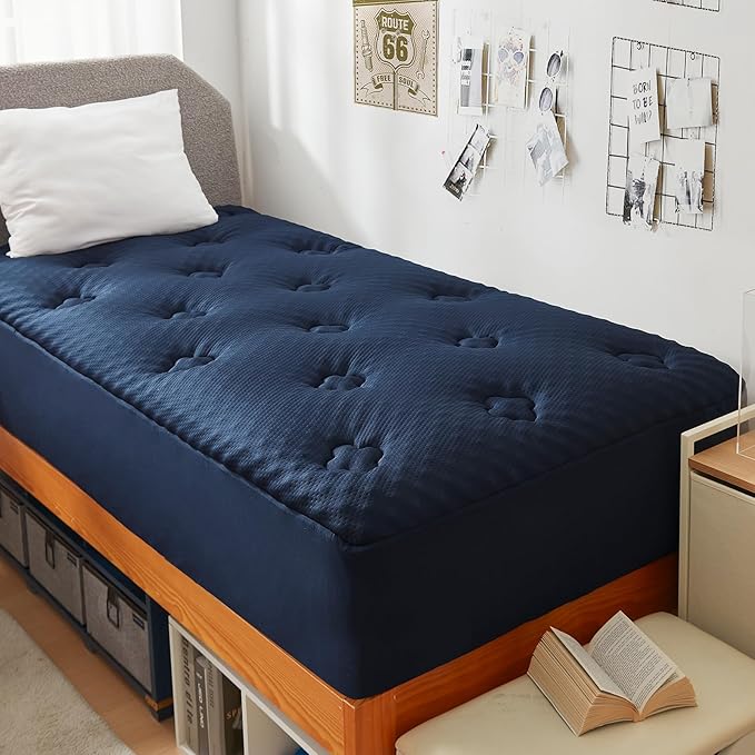 Hansleep Twin Mattress Topper Viscose Derived from Bamboo, Memory Foam Pillow Top Mattress Topper Twin with Deep Pocket, Breathable Mattress Pad for Back Pain Relief, 39" x 75", Navy Blue