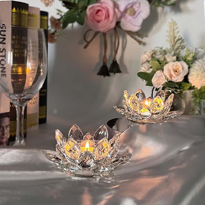 Crystal Lotus Flower Tealight Candle Holders/Glass Tea Light Candlestick Decor Decoration for Christmas Home Wedding Party… (Clean 1pc)