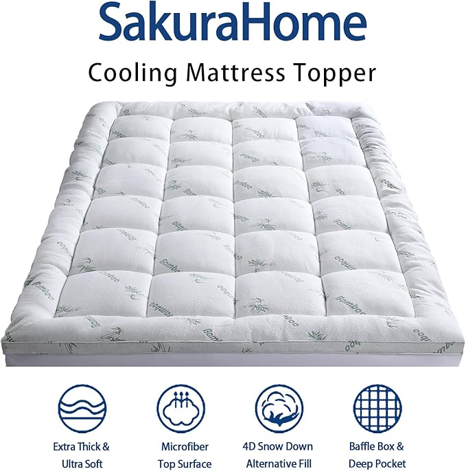 Mattress Topper King Size, Cooling Thick Breathable Viscose Made from Bamboo Mattress pad, Soft Quilted Fitted Mattress Cover with Down Alternative Fill (8-21”Deep Pocket)