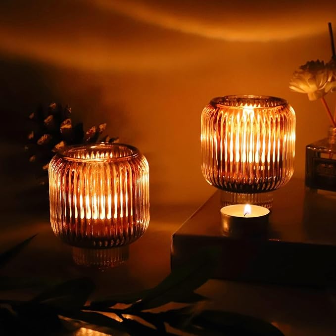 Woho Brown Votive Candle Holders Bulk of 4 for Fall Decor, Tealight Candle Holder for Halloween/Thanksgiving, Vintage Glass Tea Lights Candle Holder for Dining Table(Brown, 3.5'' Tall 3.1'' Diameter)