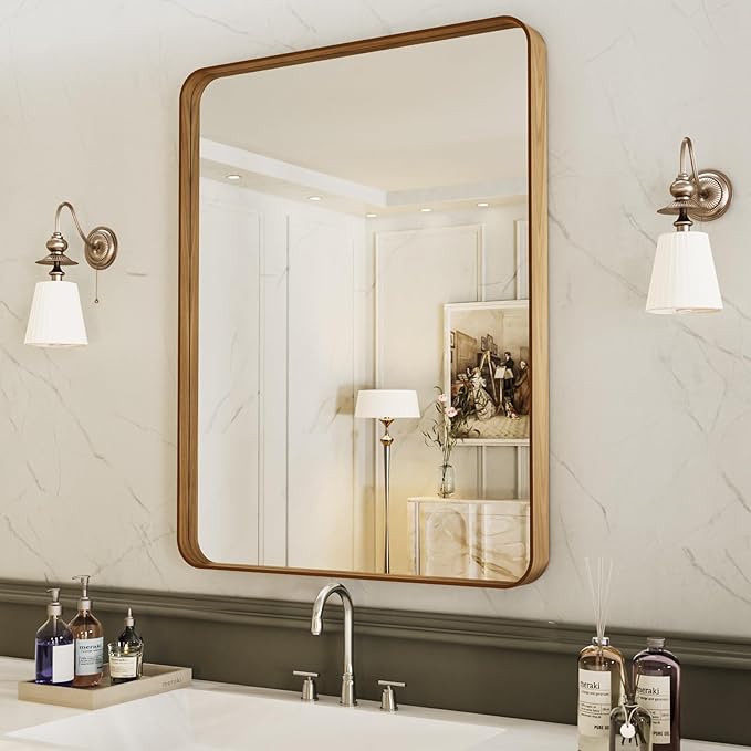 LOAAO 22X30 Inch Bathroom Mirror with Wood Grain Colored Metal Frame, Rounded Rectangle Metal Framed Bathroom Mirror, Anti-Rust, Hangs Horizontally or Vertically