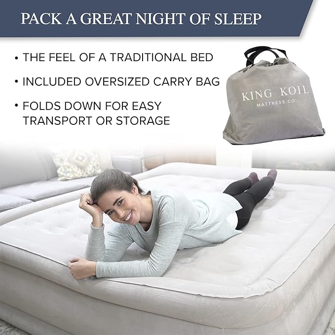 King Koil Luxury Built-in Pillow Top Queen Air Mattress with Built-in High-Speed Pump Best for Home, Camping, Guests, 20" Queen Size Double High Airbed, Blow Up Mattress, Waterproof, 1-Year Warranty