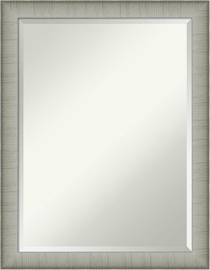 Amanti Art Silver Bathroom Mirror for Over Sink, 27x21 Elegant Brushed Pewter Narrow Rectangle Vanity Mirror, Medium Casual Frame, Hangs Horizonally and Vertically, Bathroom Wall Decor, Beveled Edge