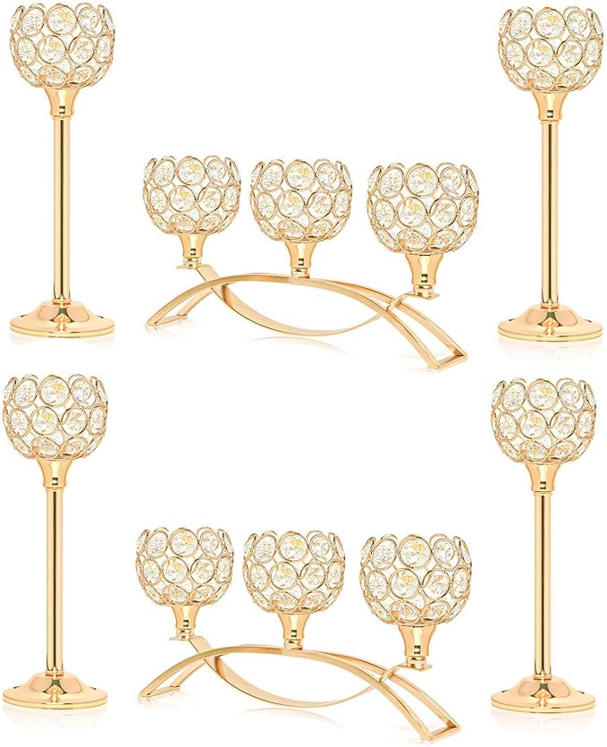 Crystal Tealight Candle Holder Centerpiece Home Decorative Candlestick Holder Elegant Table Centerpiece Home Decor Wedding Party Anniversary (Gold, Set of 6)