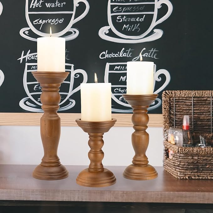 Rustic Wooden Pillar Candle Holders Set of 3, 12'' 9'' 6'' Farmhouse Wood Candle Stand for Table Centerpieces, Vintage Tall Candleholders Fireplace Mantel Decor for Living Room, Brown
