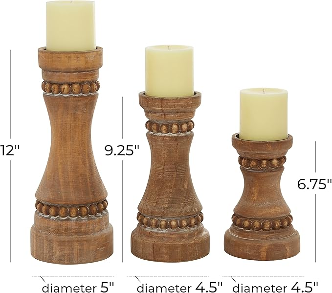 Deco 79 Wood Beaded Pillar Candle Holder, Set of 3 12", 9", 7"H, Brown
