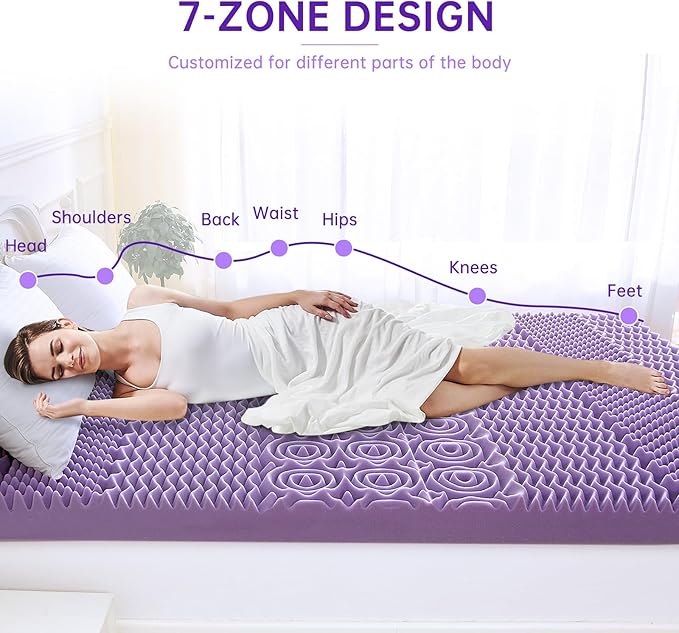 MUXHOMO 3-Inch King Mattress Topper, 7-Zone Egg Crate Foam for Back Pain Relief, Cooling Gel-Infused Lavender Bed Pad, CertiPUR-US & Oeko-TEX Certified