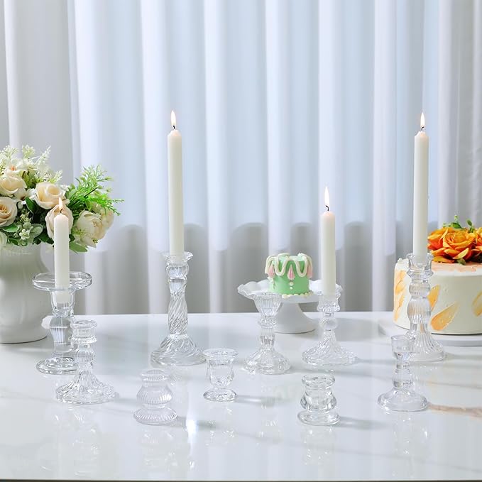 Mumufy 40 Pcs Glass Crystal Taper Candle Holders Clear Glass Candlestick Holder Fit 0.8 Inch Candles Crystal Decorative Candle Stand Centerpiece Table Wedding Dining Party (Classic,Clear)