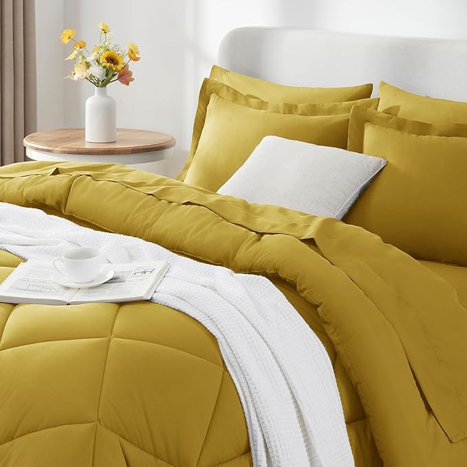 CozyLux King Size Comforter Set Mustard Yellow - 7 Pieces Bed in a Bag King, Luxury Soft Bed Set for All Seasons, Bedding Set with Down Alternative Comforter, Sheets, Pillowcases & Shams