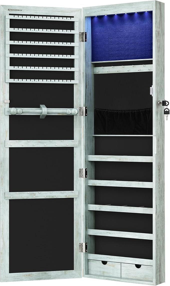 SONGMICS 6 LEDs Mirror Jewelry Cabinet, 47.2-Inch Tall Lockable Wall or Door Mounted Jewelry Armoire Organizer with Mirror, 2 Drawers, Christmas Gift, 3.9 x 14.6 x 47.2 Inches, Rustic Green