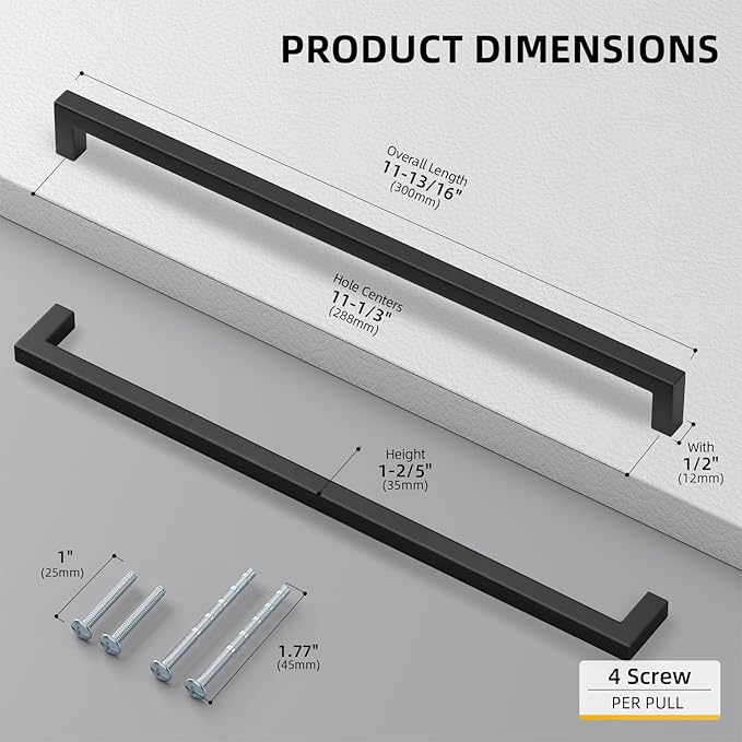 Goldenwarm 1 Pack Black Square Bar Cabinet Pull Drawer Handle Stainless Steel Modern Hardware for Kitchen and Bathroom Cabinets Cupboard,Center to Center 11-1/3in(288mm)