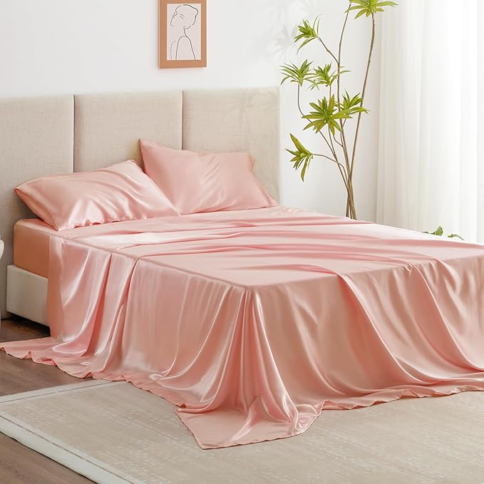 Love's cabin Twin Satin Sheets Sets - 3 Piece Coral Silky Bed Sheets with Deep Pockets, Luxury Silk Feel Satin Twin Size Sheet Set Bedding Set (1 Flat Sheet,1 Fitted Sheet,1 Pillow case)