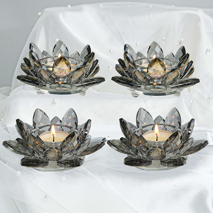 Lotus Black Crystal Tea Candle Holder Crystal Wishing Tealight Candlestick Stand Exquisite Desktop Decoration Holiday Celebration Wedding Restaurant Party Atmosphere Decoration (4 Pcs, Dark Grey)