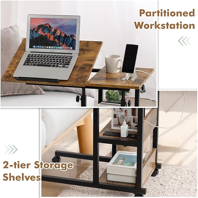Hadulcet Adjustable C Table with Charging Station, Tiltable Desk C Shaped End Table for Couch, Over Bed Table with Wheels Adjustable Height, Hospital Table Laptop Stand Drawing Desk, Rustic Brown