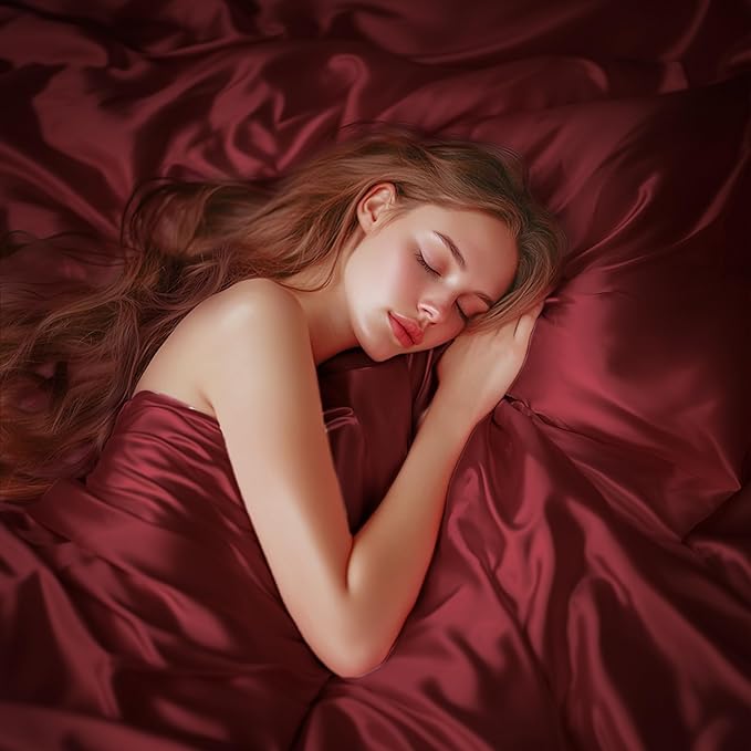 Love's cabin 4Piece California King Satin Bed Linen Set, Burgundy Silky Satin Sheets, Deep Pocket, Luxury Silk Feel, 1 Flat, 1 Fitted Sheet, 2 Pillow Cases