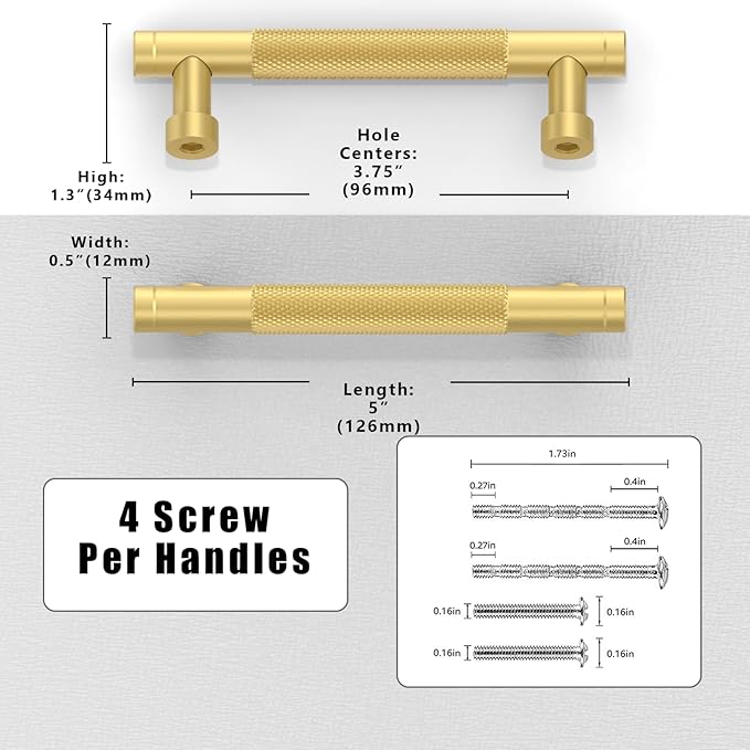 10 Pack Brushed Gold Knurled Cabinet Pulls 3.75 Inch(96mm) Kitchen Cabinet Handles Solid Zinc Alloy Cabinet Hardware Drawer Pulls