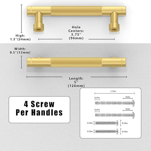 10 Pack Brushed Gold Knurled Cabinet Pulls 3.75 Inch(96mm) Kitchen Cabinet Handles Solid Zinc Alloy Cabinet Hardware Drawer Pulls