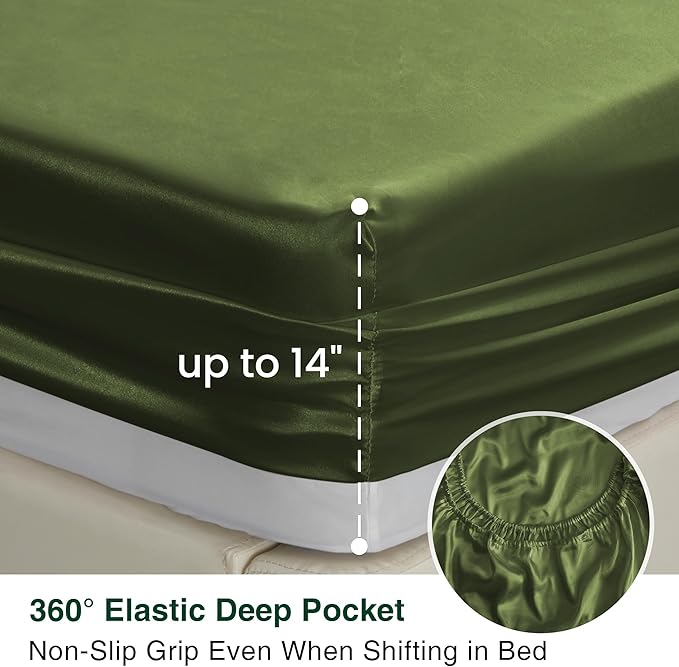 Love's cabin California King Satin Sheet Sets - 4 Piece Sage Silky Sheets Bed Set with Deep Pocket, Luxury Silk Feel Satin Cal King Sheet Set (1 Flat Sheet,1 Fitted Sheet,2 Pillow Cases)