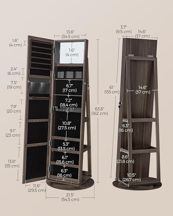 SONGMICS 360° Swivel Jewelry Cabinet, Lockable Jewelry Organizer with Full-Length Mirror, Rear Storage Shelves, Interior Mirror, Jewelry Armoire, Christmas Gifts for Women, Ash Brown UJJC006K02