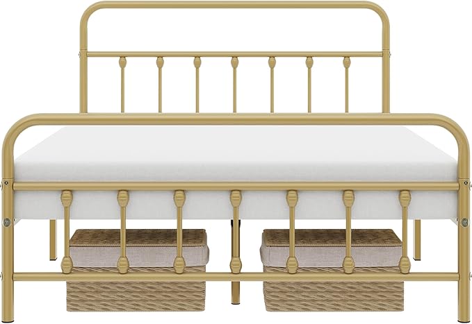 Yaheetech Classic Metal Platform Bed Frame Mattress Foundation with Victorian Style Iron-Art Headboard/Footboard/Under Bed Storage No Box Spring Needed Full Size Antique Gold