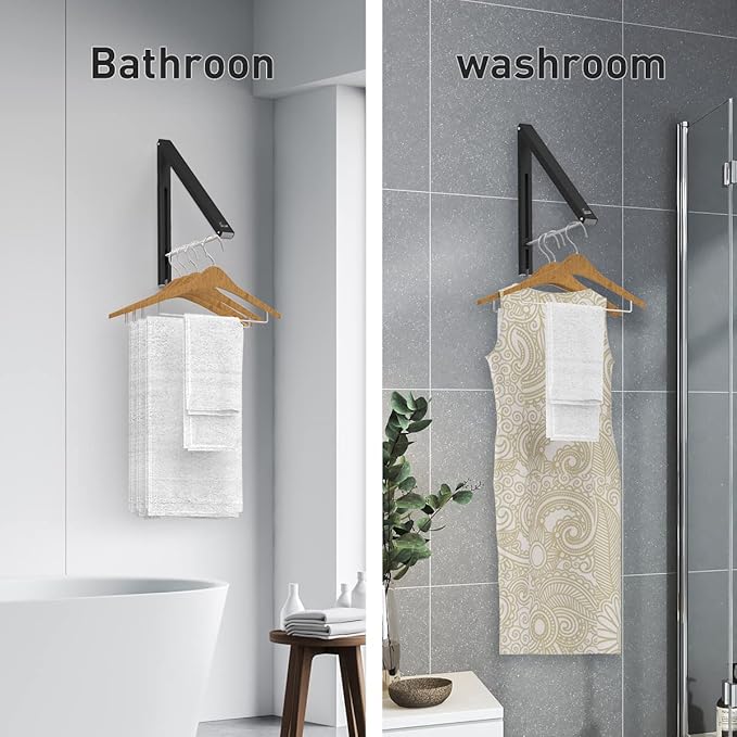 Laundry Room Wall Mounted Drying Rack Clothes Hanger Folding Wall Coat Racks Aluminum Home Storage Organiser Space Savers Black