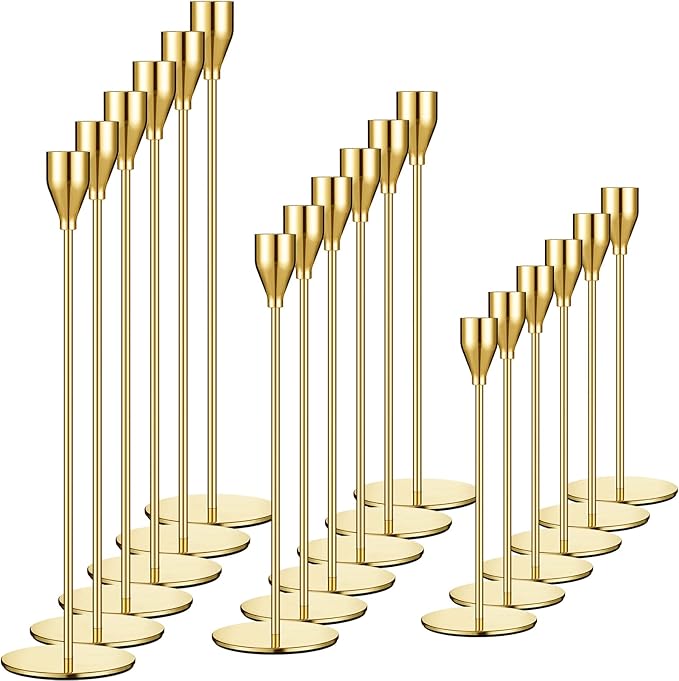 Set of 18 Tall Candlestick Holders Thin Metal Taper Candle Holders for Table Centerpiece Modern Decorative Pillar Candle Sticks Stand for Home Wedding Christmas Decoration(Gold)