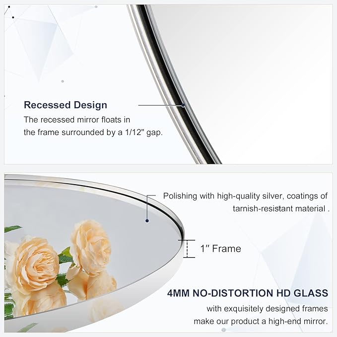 ANDY STAR 36" Chrome Round Mirror, Round Chrome Mirror, Polished Silver Large Vanity Mirror Metal Framed for Living Room, Dining Room, Fireplace