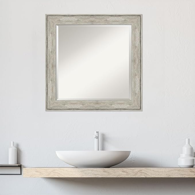Amanti Art Silver Bathroom Mirror for Over Sink, 25x25 Crackled Metallic Square Vanity Mirror, Medium Country Rustic Frame, Hangs Horizonally and Vertically, Bathroom Wall Decor, Beveled Edge