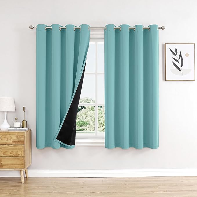 ChrisDowa 100% Blackout Curtains 54 inch Long for Bedroom with Black Liner, 2 Thick Layers Total Blackout Thermal Insulated Grommet Window Curtains 2 Panels Set (Aqua, 52 x 54 Inch)