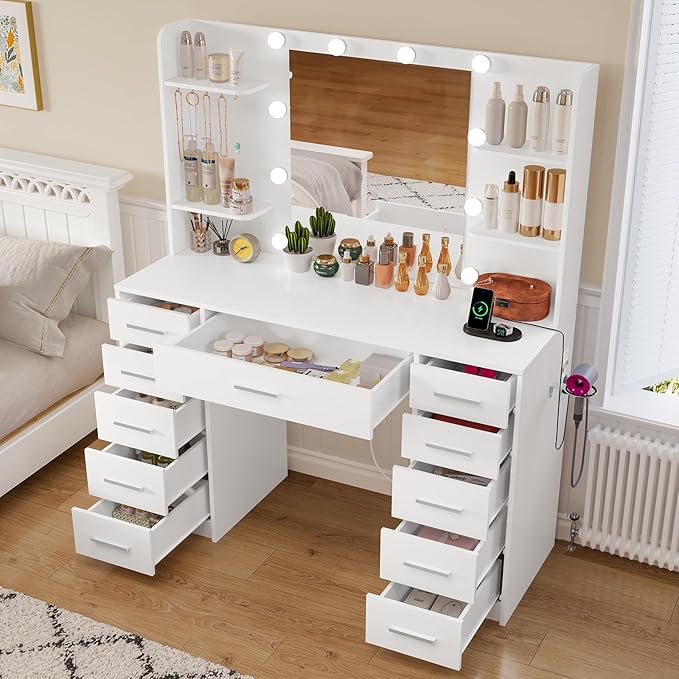 Quimoo 47.2" Large Vanity Desk with Mirror and Lights, Makeup Vanity with 11 Drawers & 6 Open Shelves, 3 Color Modes & Adjustable Brightness, White Vanity for Girls