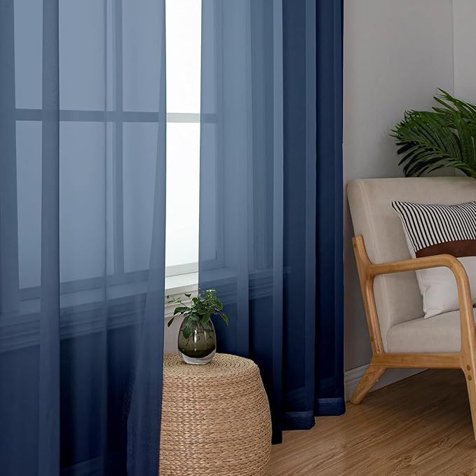 Aiyufeng Pure Sheer Window Curtains Inch 72 Length 2 PCS, Rod Pocket Voile Drapes for Bedroom Living Room, Semi Sheer Curtain Panels Window Treatments for Yard/Patio/Villa/Parlor, 40"x 72", Navy Blue