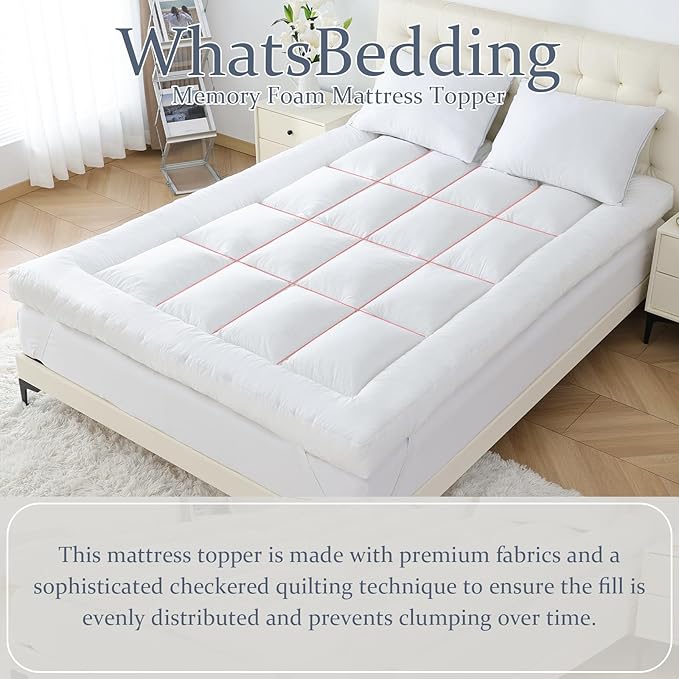 WhatsBedding 5 Inch Memory Foam Mattress Topper Queen for Pressure Relief, 100% Cotton Cover, Comfort Supportive Pillow Top Mattress Topper, 2000GSM Fluffy Shredded Memory Foam Filled