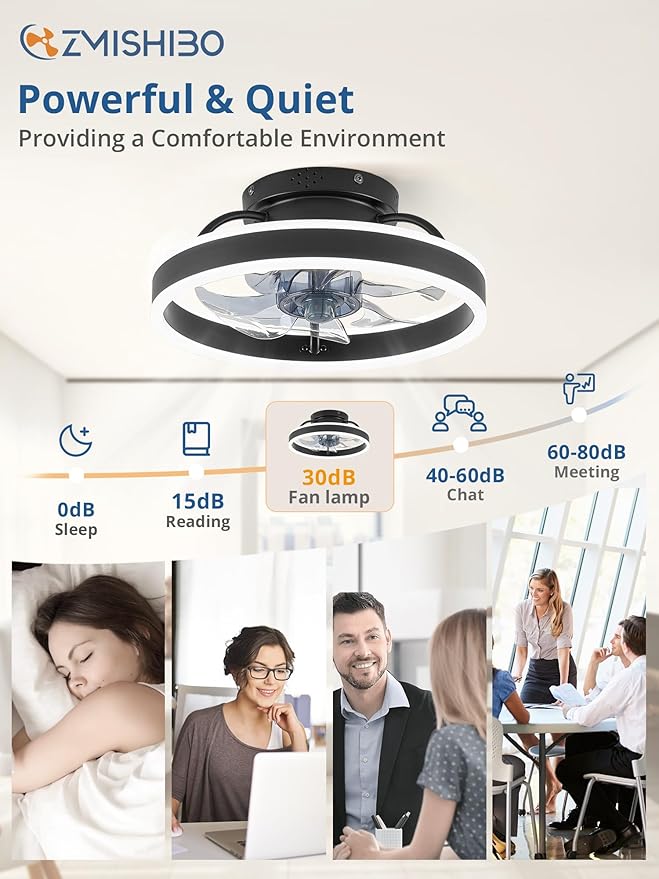 ZMISHIBO Low Profile Ceiling Fans with Lights and Remote, 13 Inch Fandelier Ceiling Fan with Light, Black Modern Flush Mount Ceiling Fan, Small Dimmable LED Fan Lights for Bedroom