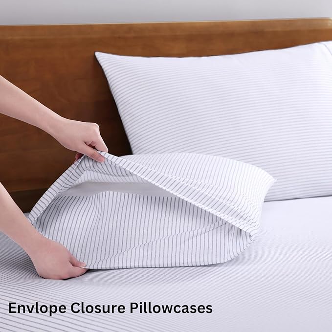 LANE LINEN 100% Organic Cotton Full Sheet Set, Low Pilling Fade Resistant Machine Washable Naturally Cooling Full Bed Sheets, Soft & Comfy Printed Cotton Bedding- Blue Ticking Stripe