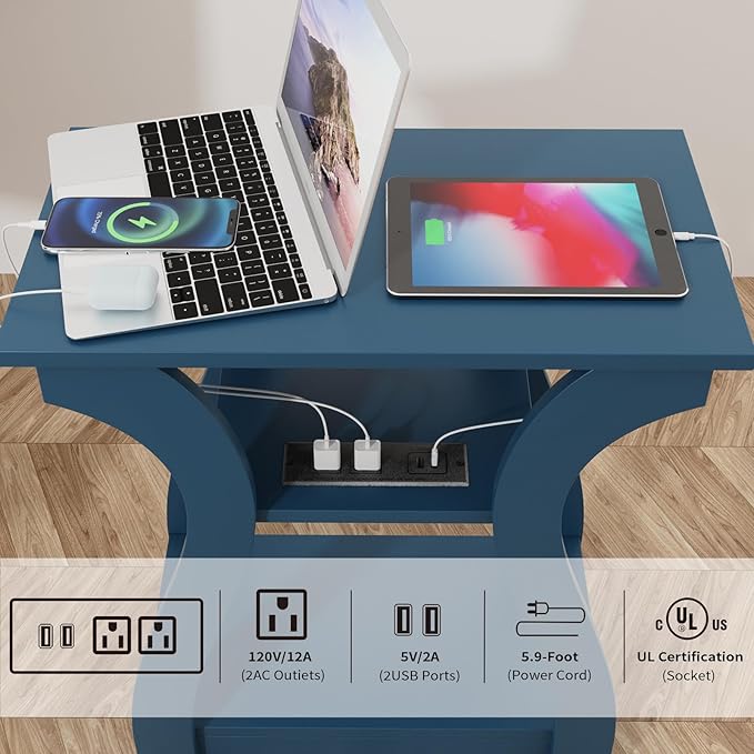 End Table with Charging Station, Side Table with USB Ports and Outlets, Nightstand, 3 Tier End Table with Storage Shelf for Living Room, Bedroom, Navy Blue, Set of 2