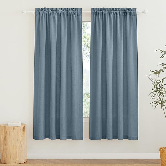 RYB HOME Sheer Curtains for Bedroom - Linen Textured Semi Sheer Window Backdrop Curtains Light Filtering Privacy Drapes for Office Dining Bathroom, Stone Blue, W 52 x L 72 inch, 2 Panels