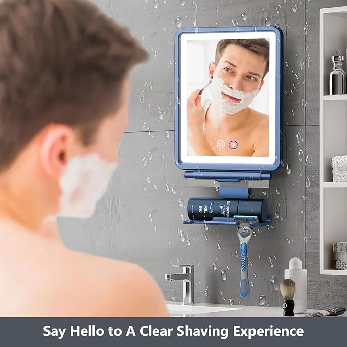 Heated Shower Mirror Fogless for Shaving, 3 Colors Stepless Dimmable Lights Fogless Mirror for Shower, Rechargeable Anti Fog Shaving Mirror with Razor Holder for Men, Light Memory Function, Blue