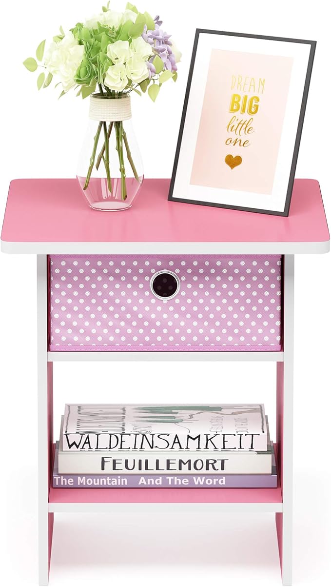Furinno Dario End Table / Side Table / Night Stand / Bedside Table with Bin Drawer, 2-Pack, Pink/Light Pink