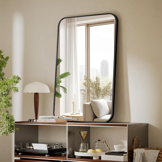 BEAUTYPEAK 24" x 36" Rectangular Aluminum Alloy Frame Wall Mounted Bathroom Mirror with Rounded Corners, Black