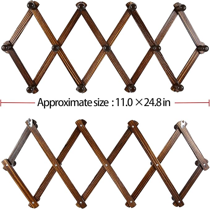 AMAPON Accordion Style Expandable Wall Wooden Coat Rack 13 Hooks (Pegs) Hang Hats Jackets Coffee Mug Purses Necklaces Towels Cap Leash Scarves Data Line Kitchenware (Walnut Color 2 Pack)