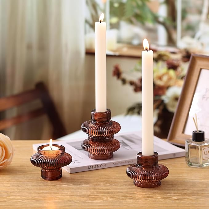 Brown Candlestick Holders Set of 10, Taper Candle Holders for Fall Wedding Table Centerpiece, Ribbed Glass Votive Candle Holders for Dinner Party Halloween Thanksgiving Decor