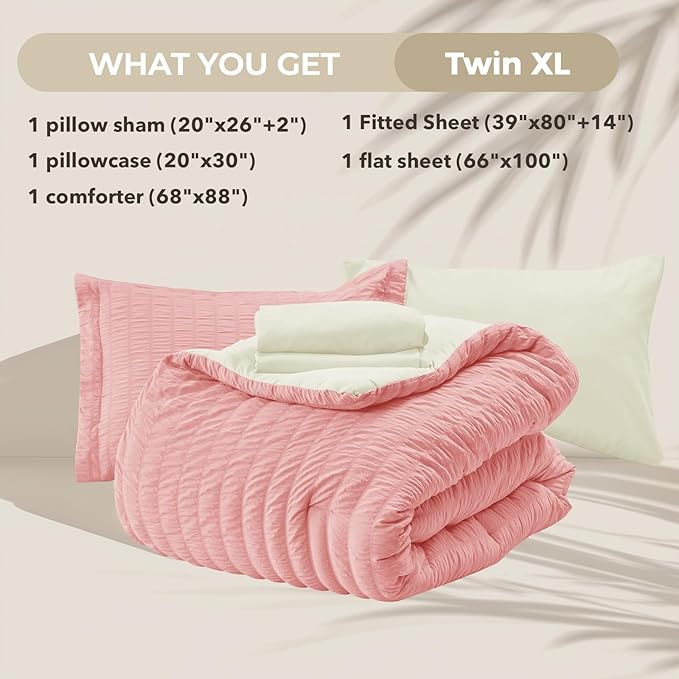 HYMOKEGE Pink/Ivory Twin XL Comforter Set Seersucker 5 Pieces, All Season Luxury Bed in a Bag for Bedroom, Bedding Set with Comforter, Sheets, Pillowcase & Sham