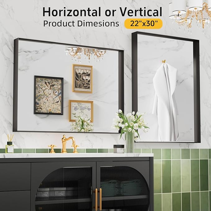 Black Vanity Wall Mirror, 22x 30 Inch Rectangular Bathroom Mirrors for Over Sink, Aluminum Metal Framed Mirror, Tempered Glass, Anti-Rust, Wall Farmhouse Mirrors (Horizontal/Vertical)