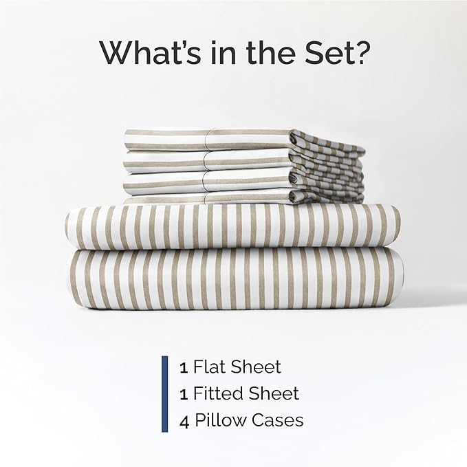 Full 6 Piece Sheet Set - Comfy Breathable & Cooling - Soft Hotel Luxury Bedding Set with 8-16 Inch Deep Pockets - 1 Flat & 1 Fitted Sheet & 4 Pillowcases - Wrinkle Free & Easy Care - Beige Stripes 2