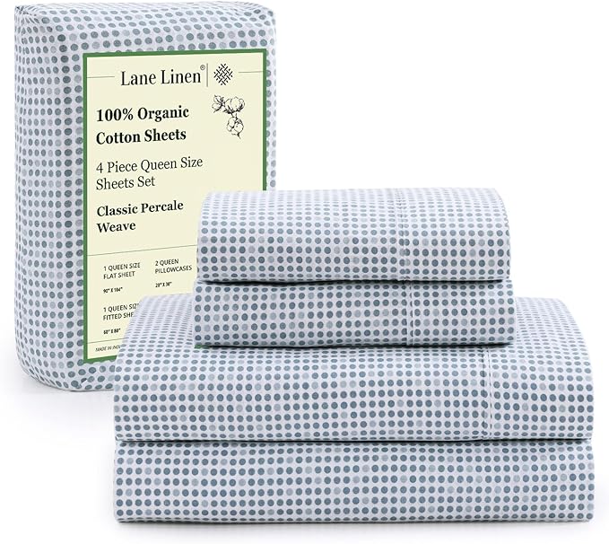 LANE LINEN Eco Friendly 100% Organic Cotton Queen Bed Sheets Set, Printed Modern Polka Dot Cotton Sheets, Soft & Comfy Low Pill Fade Resistance Fully Elasticized Queen Size Bed Set 15" deep Pockets