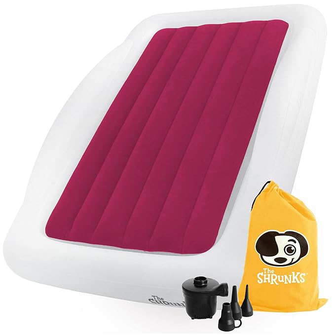 The Shrunks Pink Toddler Travel Bed | Inflatable Kids Air Mattress with Safety Bumpers & Electric Pump | Portable Blow-Up Bed for Camping, Sleepovers, Travel | Floor Bed Fits Standard Crib Sheets