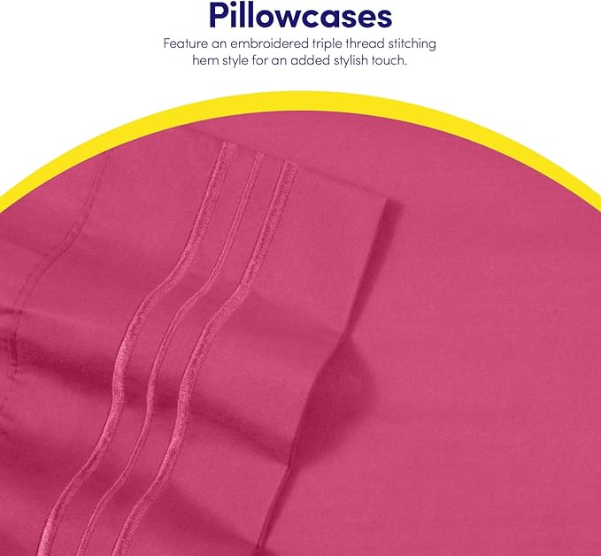 Sweet Home Collection Twin Size Sheet Set with Built-in Sheet Straps - Deep Pocket Fitted Sheet, Flat Sheet & Pillowcases - Soft, Wrinkle-Free, Secure Fit - Fuschia