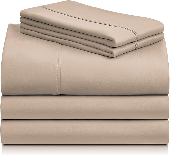LuxClub 5 PC Split King Sheet Set, Breathable Luxury Bed Sheets, Deep Pockets Wrinkle Free Cooling Sheets Machine Washable Hotel Bedding Silky Soft - Light Khaki Split King